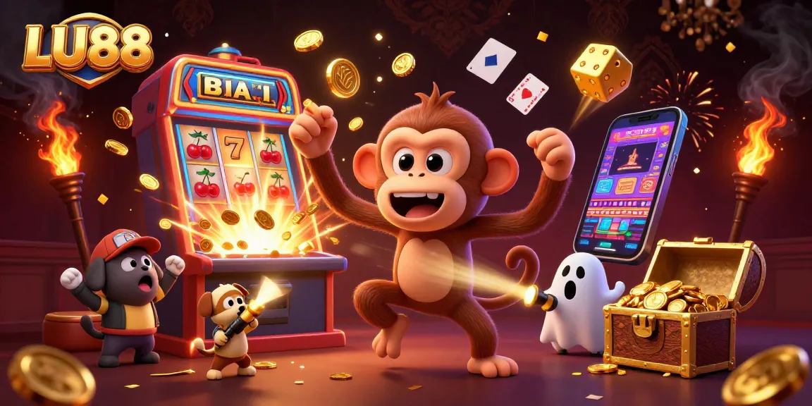 LU88 lively casino scene showcasing a playful poltergeist monkey and a ghost-hunter puppy tracking golden gaming treasures