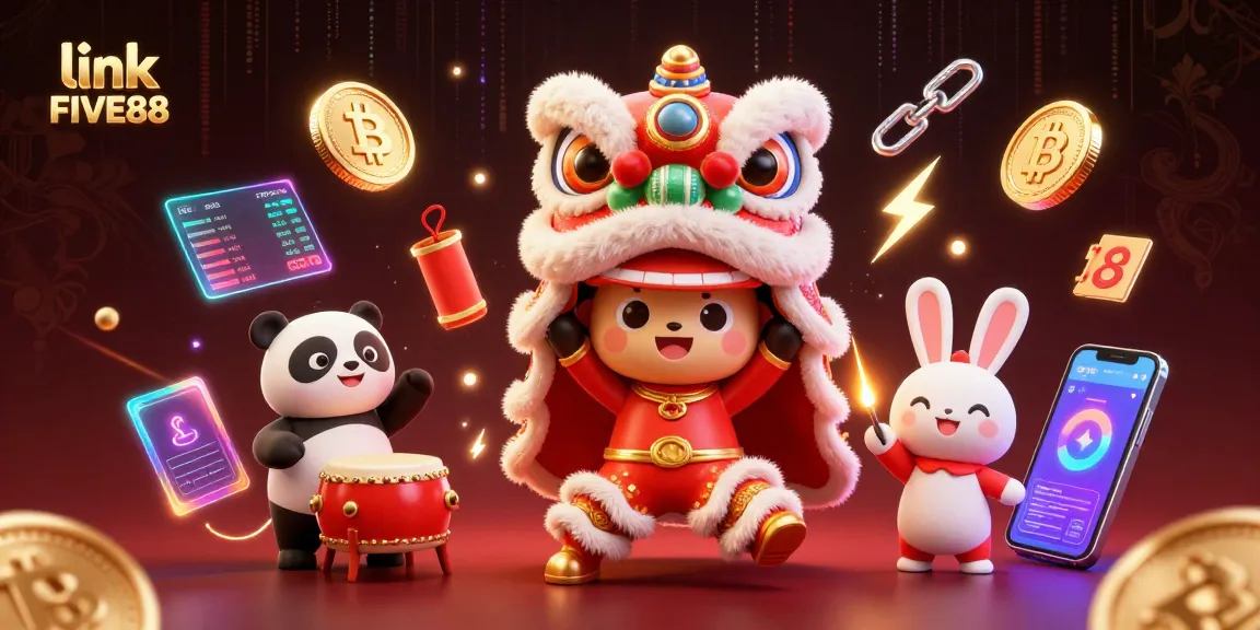 Engage with link FIVE88 in a vibrant casino scene featuring a lion dance, drumming panda, and crypto elements.
