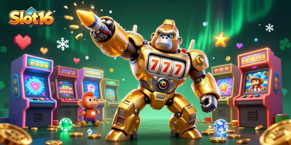 Experience the excitement of Slot16 with a stunning 3D casino illustration featuring a golden mech and dynamic game elements.