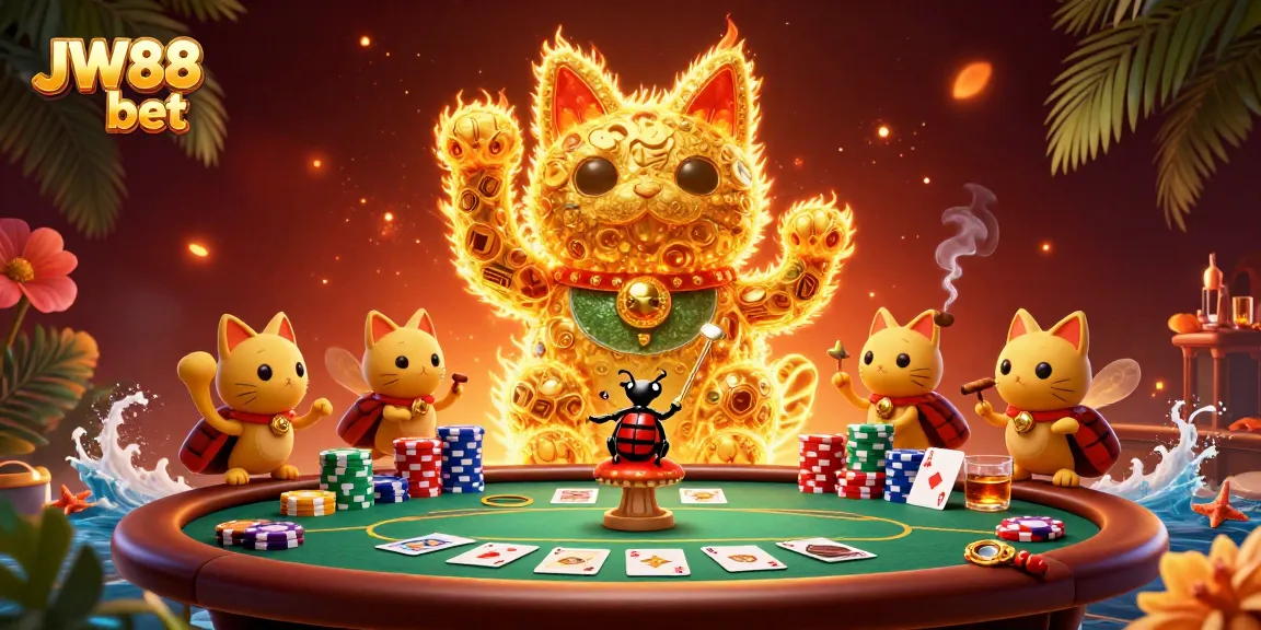 Experience JW88 bet with a vibrant 3D scene featuring a golden lucky cat amidst dynamic poker elements.