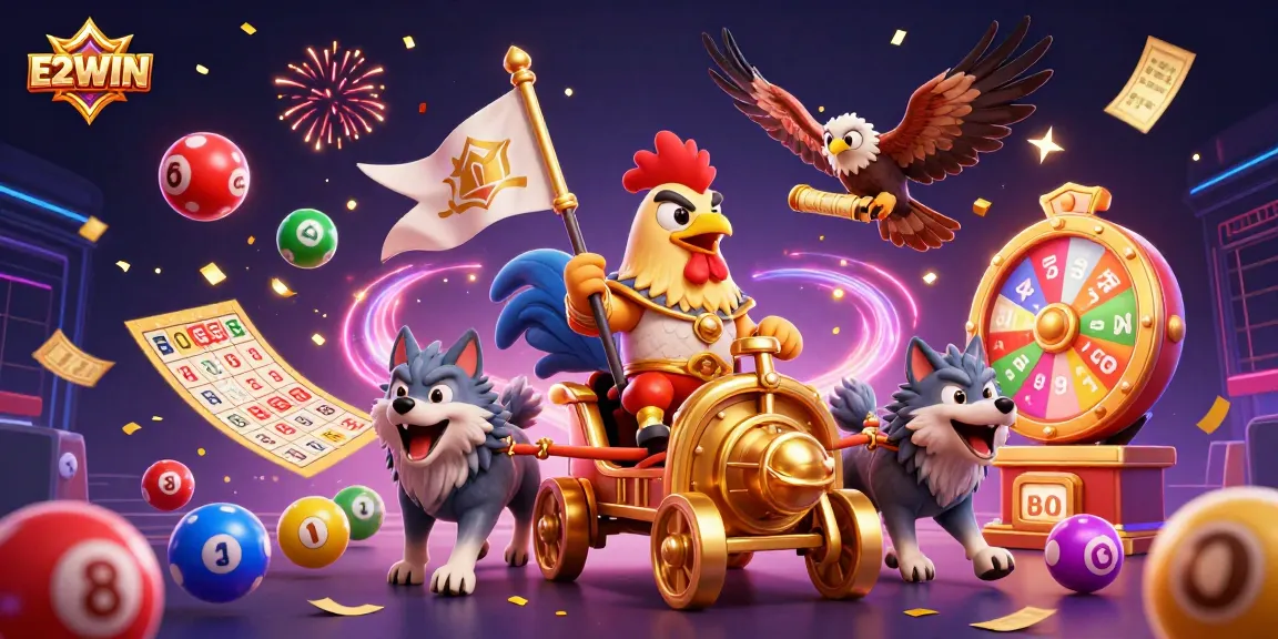 E2WIN showcases an epic casino scene with a rooster warlord, fierce wolves, and vibrant lottery elements.