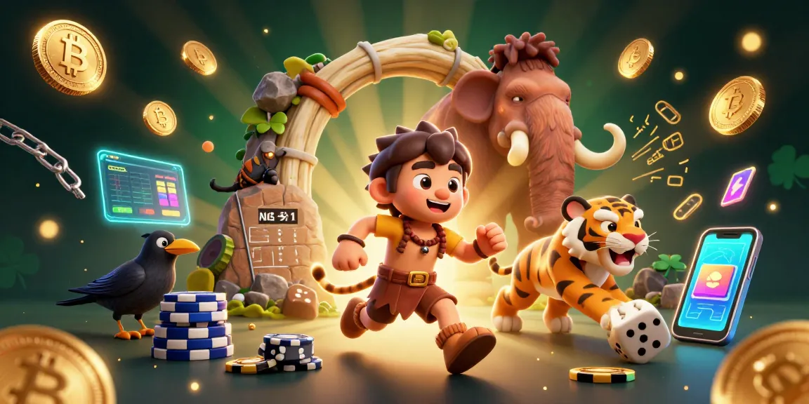 Experience the lively ambiance of lc88 with a vibrant prehistoric casino featuring a caveman duo and a clever crow.