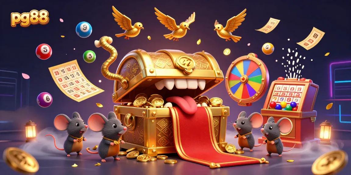 Engage with pg88's thrilling lottery excitement seen through a vibrant 3D illustration of a treasure chest and dynamic game elements.