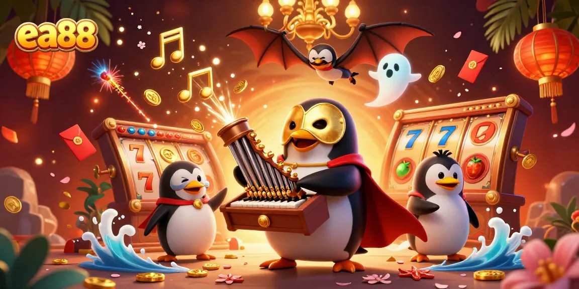 Experience exciting gaming at ea88 with a vibrant scene of floating slot reels and winnings galore.
