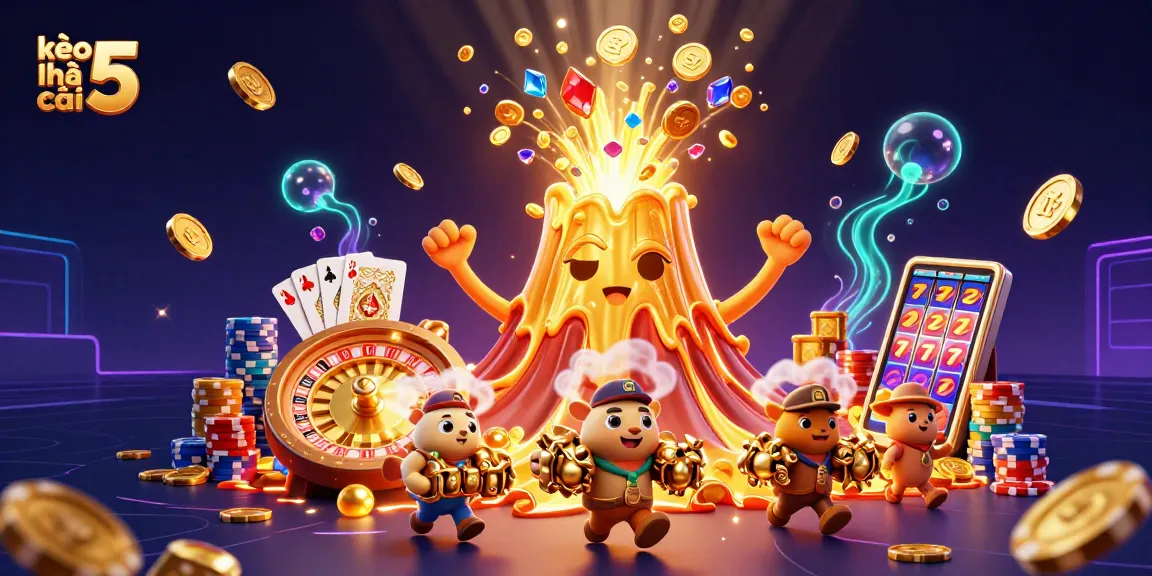 Engage with kèo nhà cái 5 using thrilling bets as golden coins and gems erupt from a volcano.