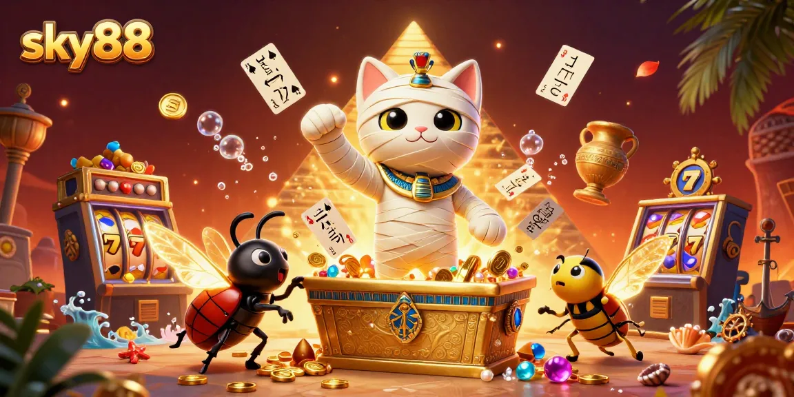 Experience thrilling fun at sky88 casino with an Egyptian mummy cat and magical treasures.