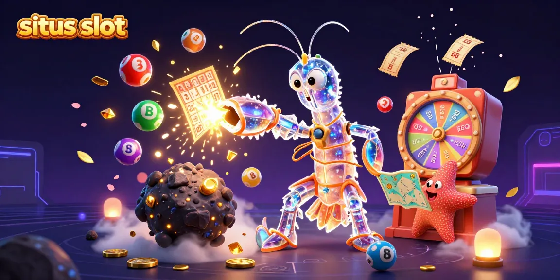 Experience thrilling spins at situs slot with a galactic samurai mantis shrimp amidst exploding gems and coins.