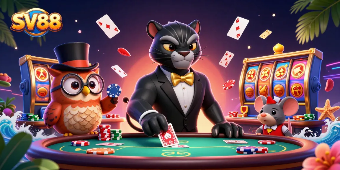 Experience exciting gameplay at SV88 with a tuxedo-clad panther dealing cards and vibrant casino elements.