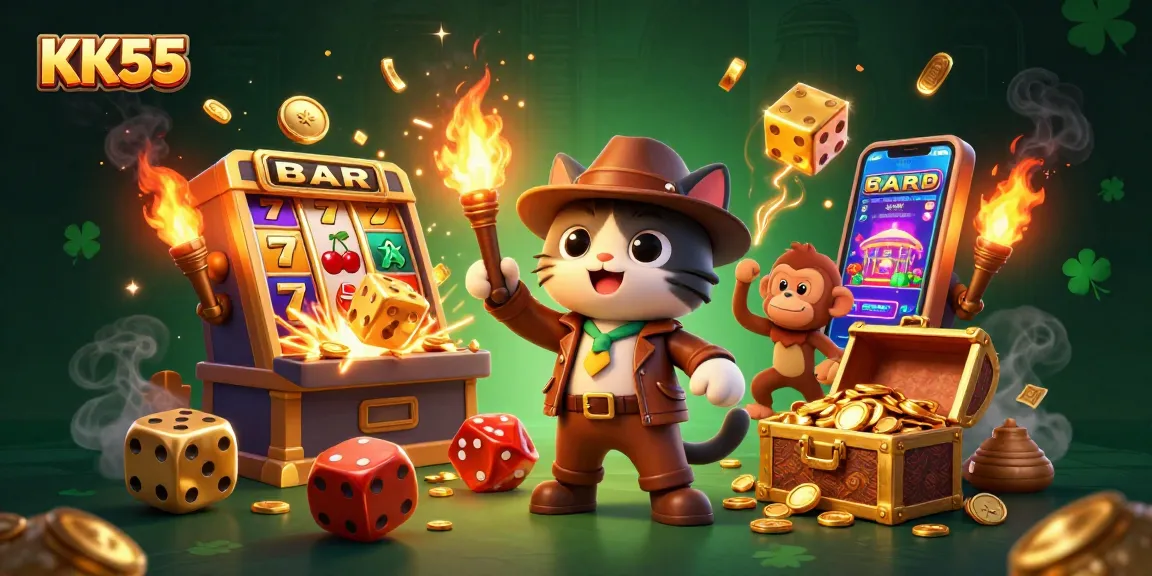 Engage with KK55's thrilling online gambling experience in this vibrant 3D illustration.