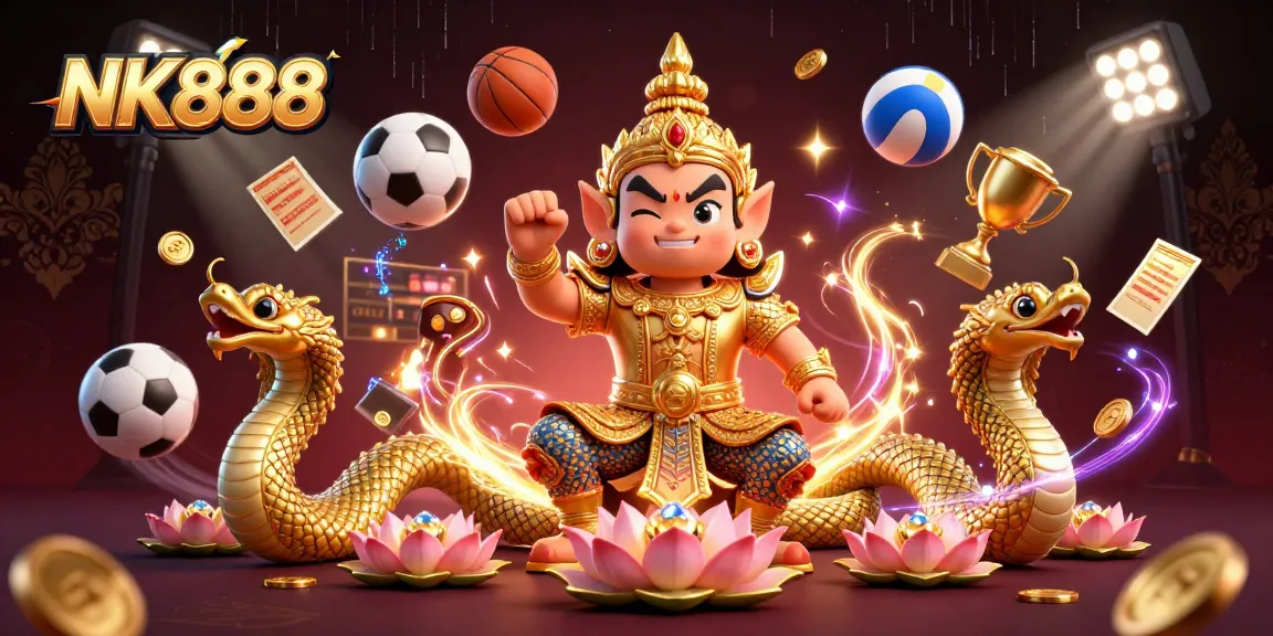 Experience thrilling games at NK888 with a vibrant illustration featuring energetic characters and dynamic sports elements.