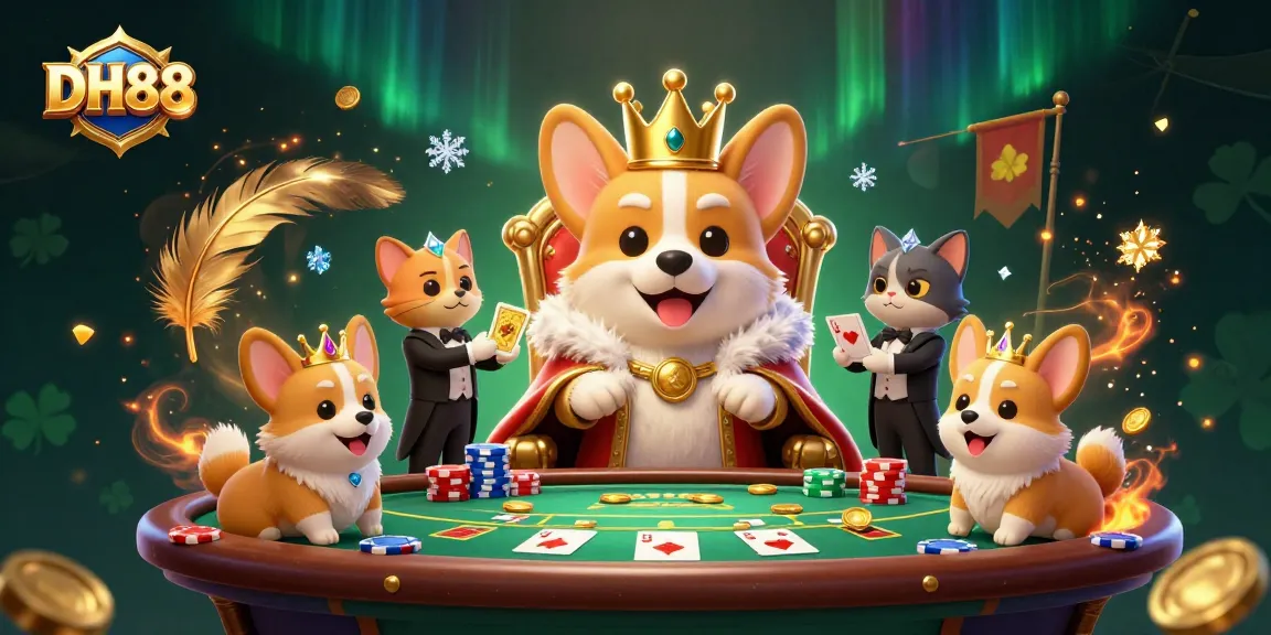 Experience thrilling poker action at DH88 with a regal corgi leading the game from a poker chip throne.
