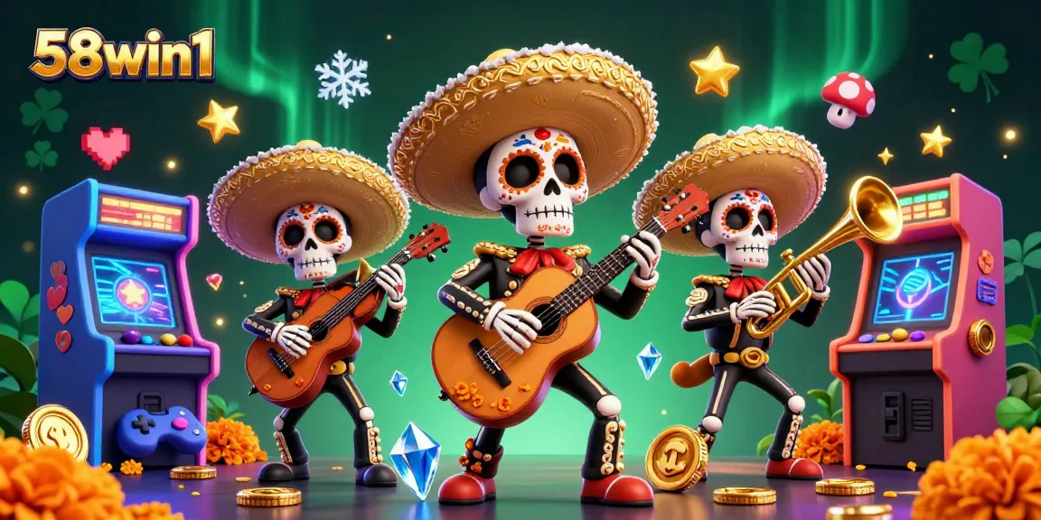 Engage in thrilling online gaming at 58win1, featuring vibrant mariachi characters amidst arcade elements.