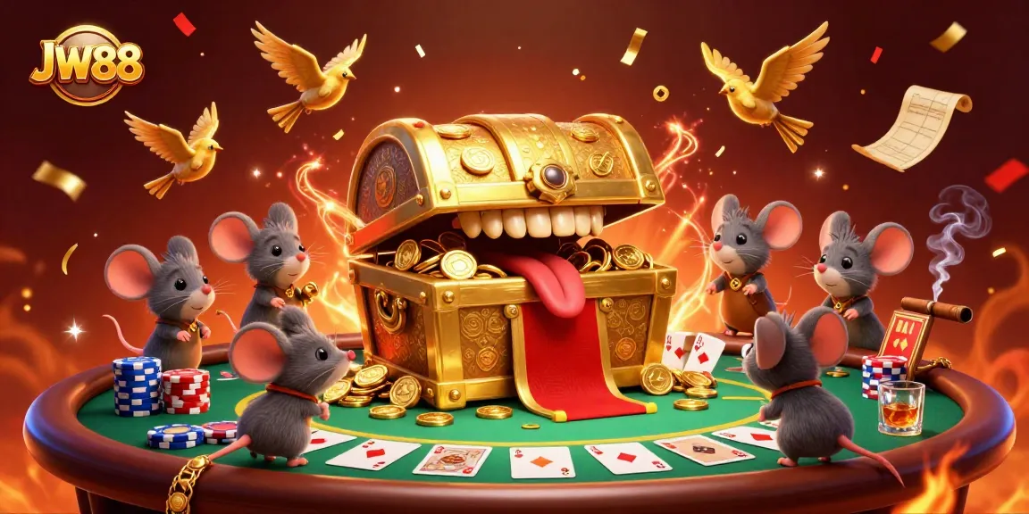 Experience thrilling gaming with JW88's adventurous treasure-themed illustration featuring poker elements.