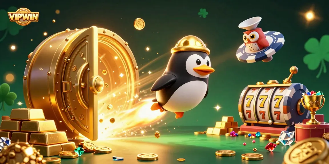 Join the thrilling journey with VIPWIN as a golden penguin blasts towards a casino adventure.