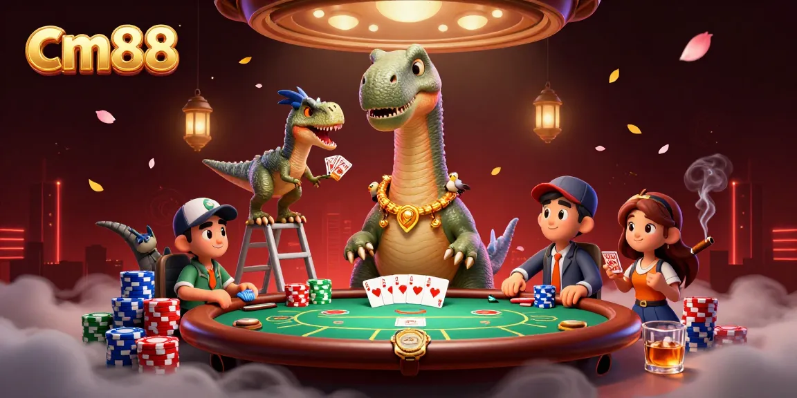 Join cm88's exciting poker scene with a brontosaurus and raptor dealer in a dynamic casino.