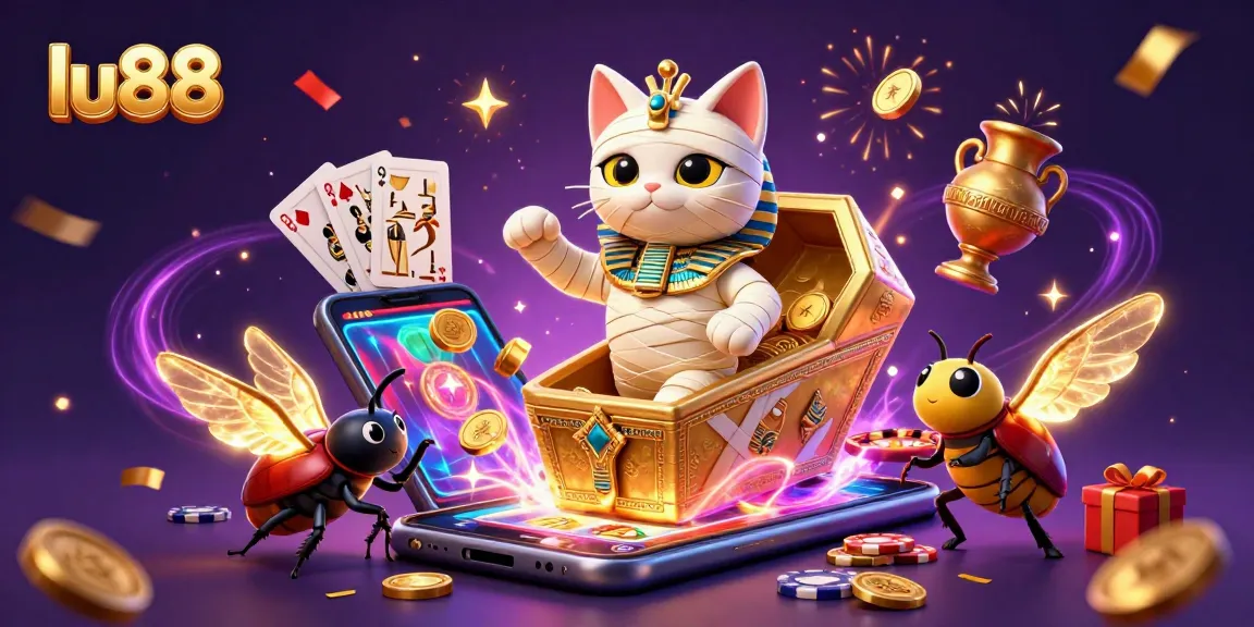 Join the excitement at lu88 with a vibrant scene of a cartoon mummy cat and games erupting.