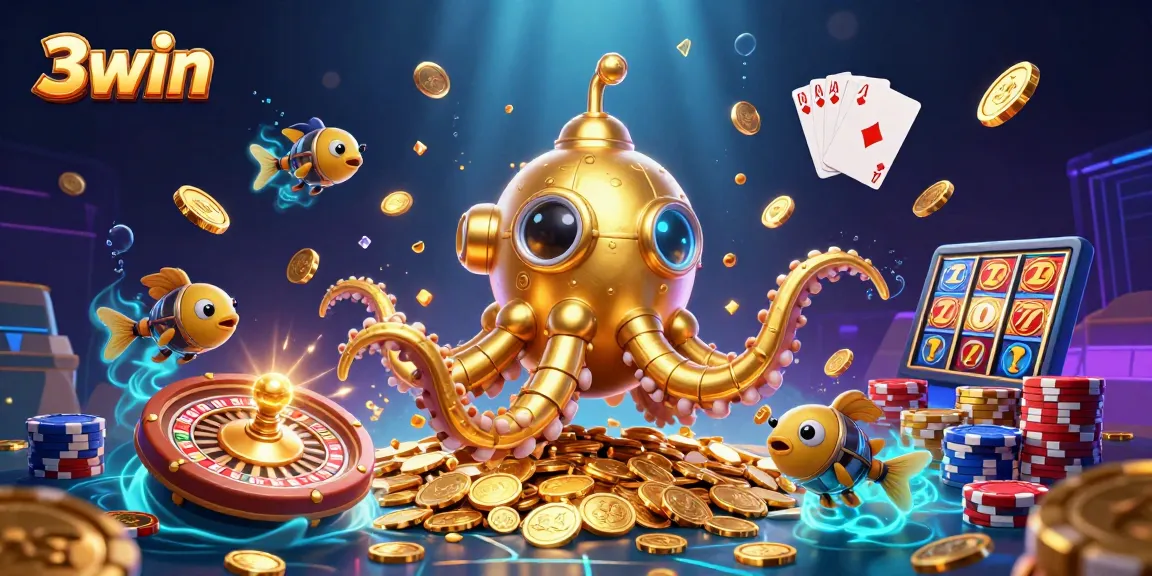 3win showcases a vivid 3D illustration with a golden kraken and casino elements, enhancing your gaming experience.
