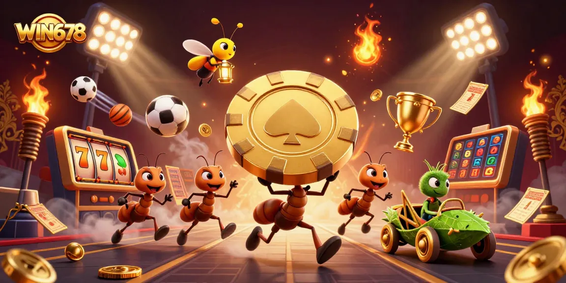 WIN678 features a daring heist scene with cartoon ants carrying a golden chip through a vibrant casino landscape.