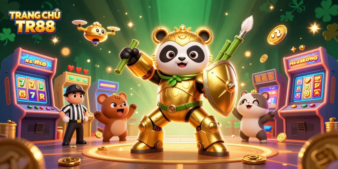Engage with the dynamic atmosphere of TRANG CHỦ TR88 showcasing a gold panda in a mech-suit amidst vivid gaming elements.