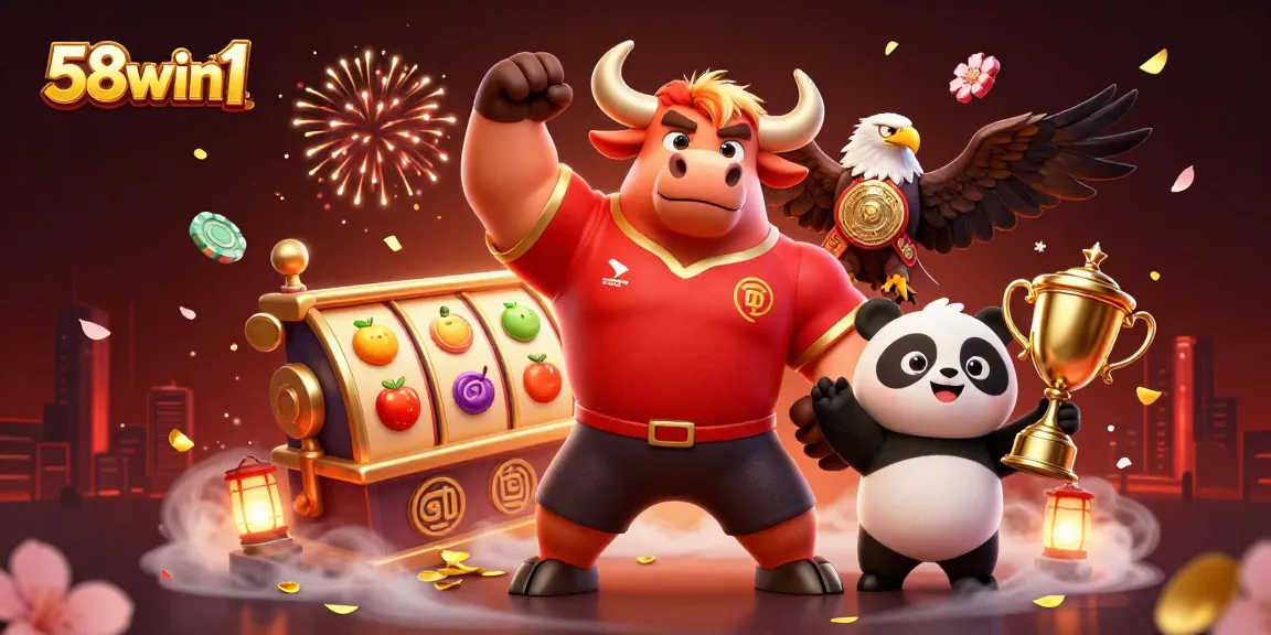 Engage with 58win1's vibrant casino world, featuring character mascots celebrating gaming success.