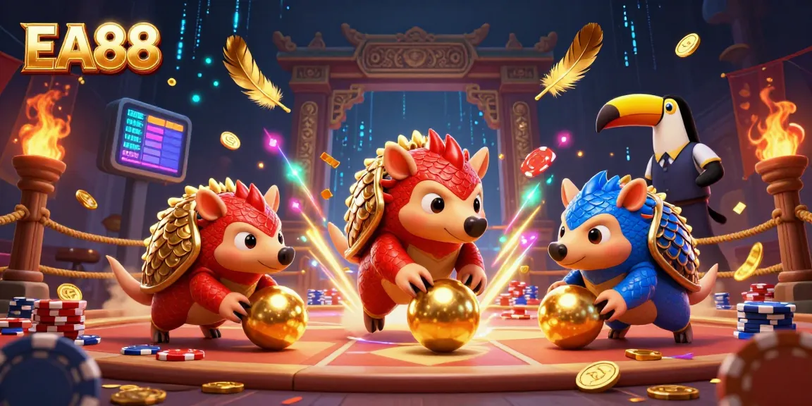 Engage in vibrant EA88 casino action with rival pangolins, poker chips, and confetti in this bustling digital scene.