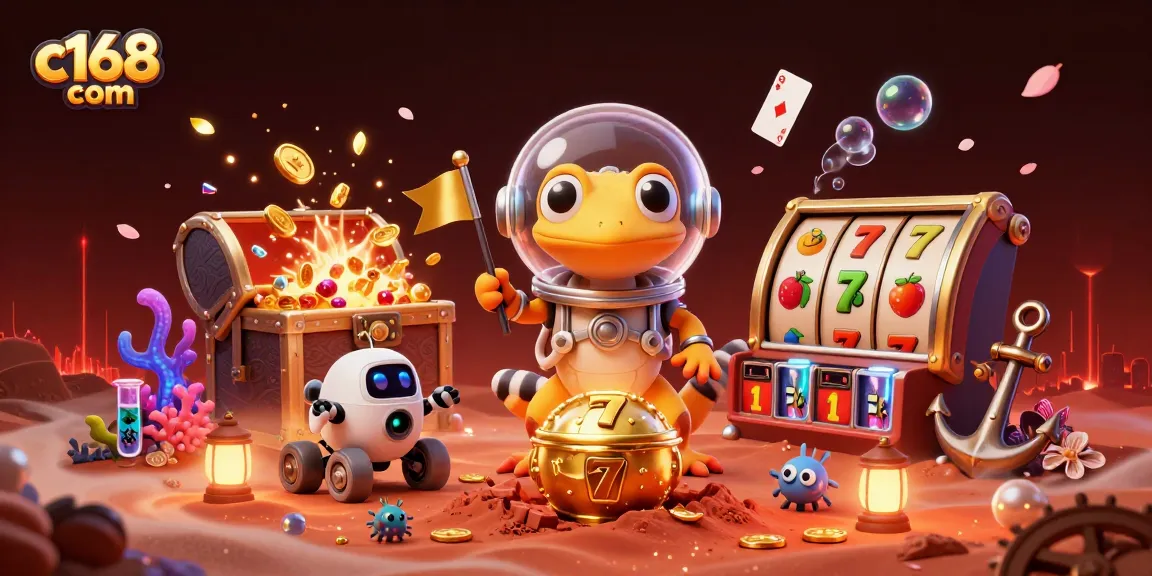 C168 com celebrates a Martian gecko uncovering a golden casino amidst a vibrant, interactive gambling universe.