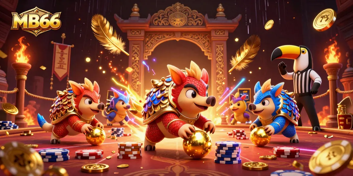 MB66 pangolins bowling through poker chips in an exciting casino game scene.