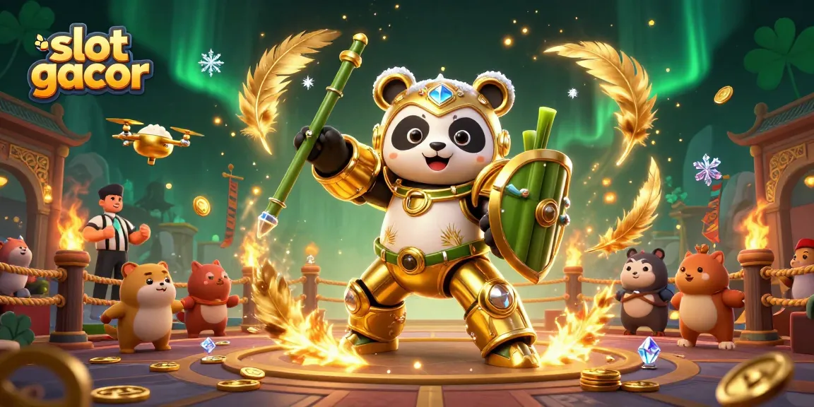 Experience the thrill of slot gacor with an exciting 3D panda-themed casino arena illustration.