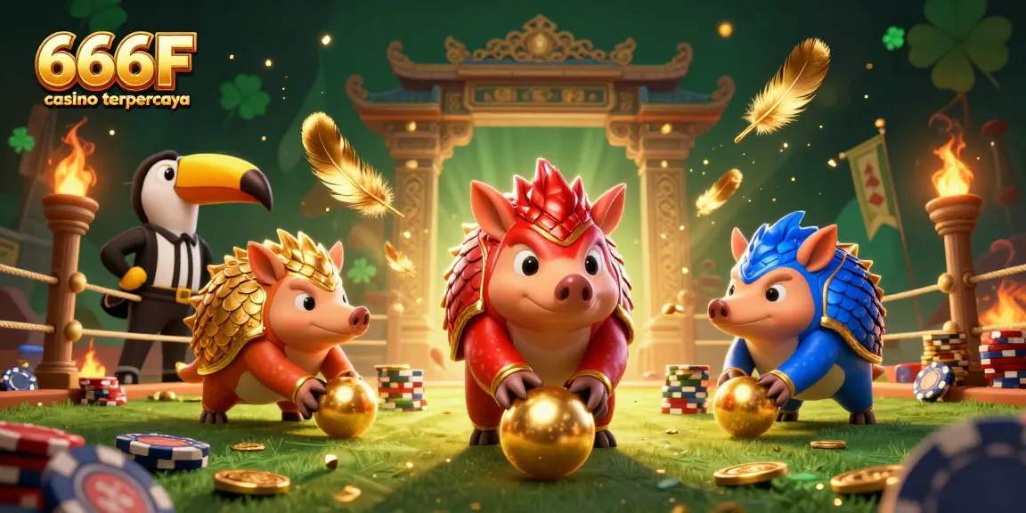 Experience the thrill of gameplay at 666F casino terpercaya with animated pangolins competing in a poker-themed duel.