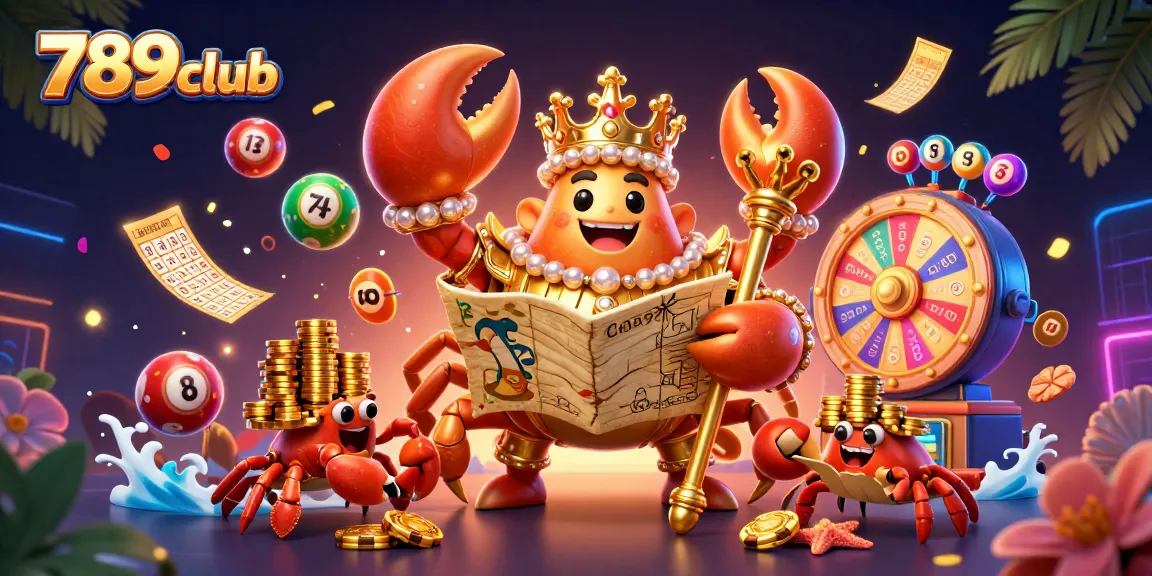 Engage with 789club's vibrant gaming scene featuring a golden crab emperor and dynamic lottery elements.