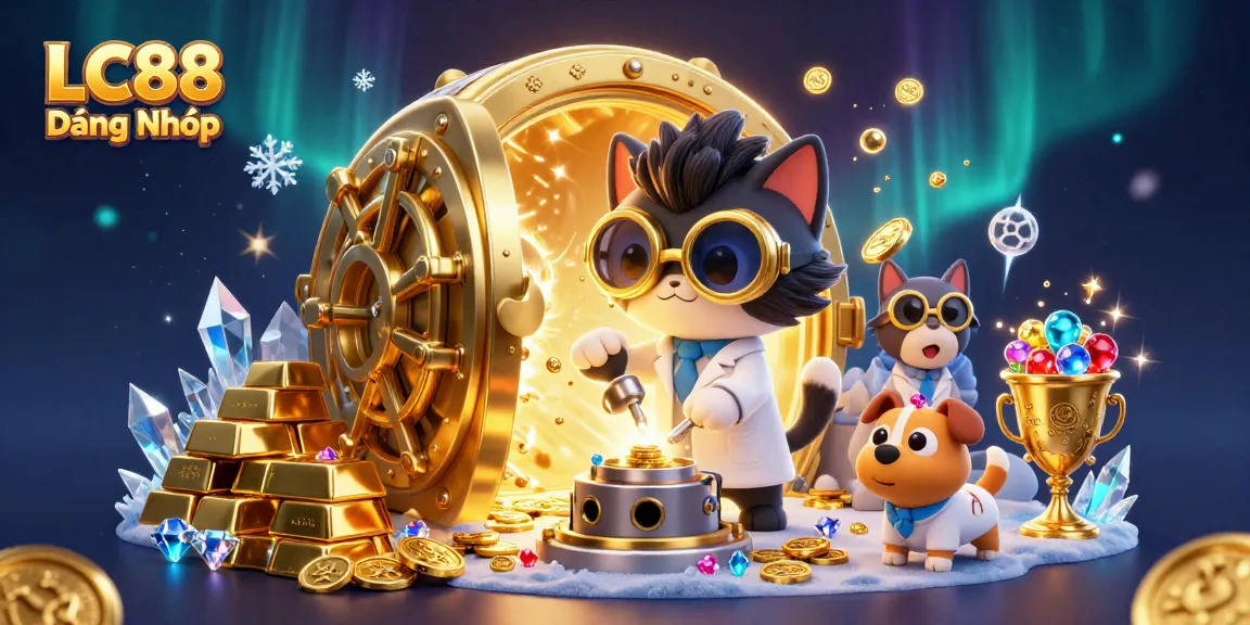 Experience seamless LC88 Đăng Nhập as cartoon scientists unveil a gold-coin machine in a vibrant casino scene.