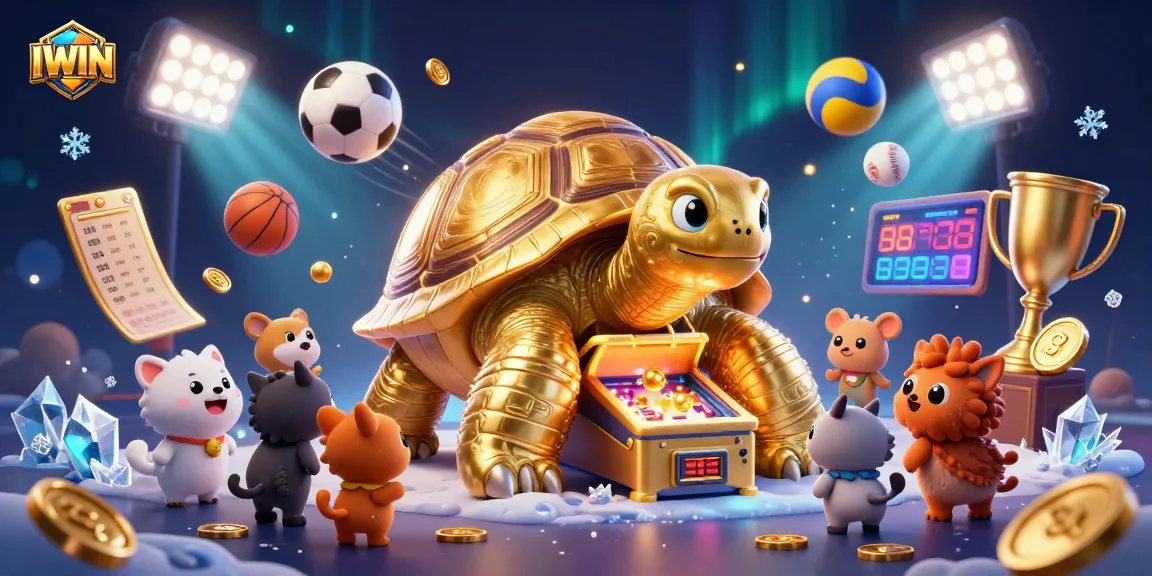 IWIN interactive gaming scene with a golden tortoise pinball machine and sports elements