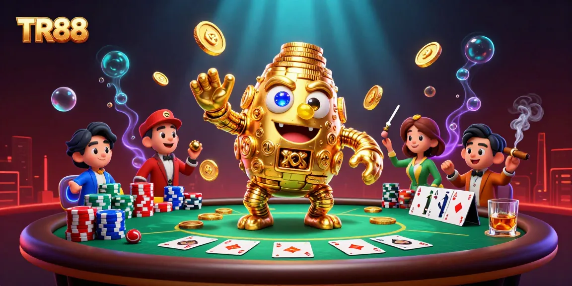 Win big with TR88 at a vibrant casino scene featuring a golden golem and poker elements.