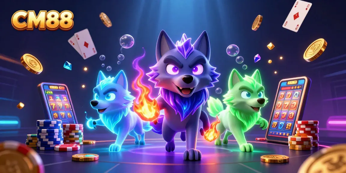 Engage with thrilling CM88 experiences in a vibrant casino scene featuring wolves and casino elements.
