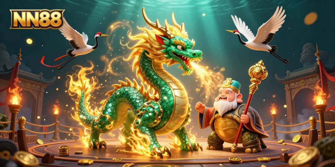 Experience the thrill of winning at NN88 with a vibrant 3D casino scene featuring a jade dragon and lucky cranes.