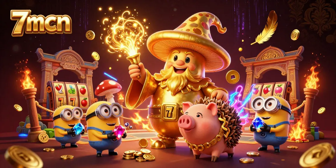 Experience rich gaming with 7mcn's dynamic characters and casino elements illustrated in a vibrant 3D scene.
