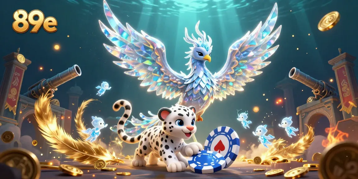 Engage with the vibrant world of 89e as a glowing ice phoenix and friends enjoy thrilling fish shooting adventures.
