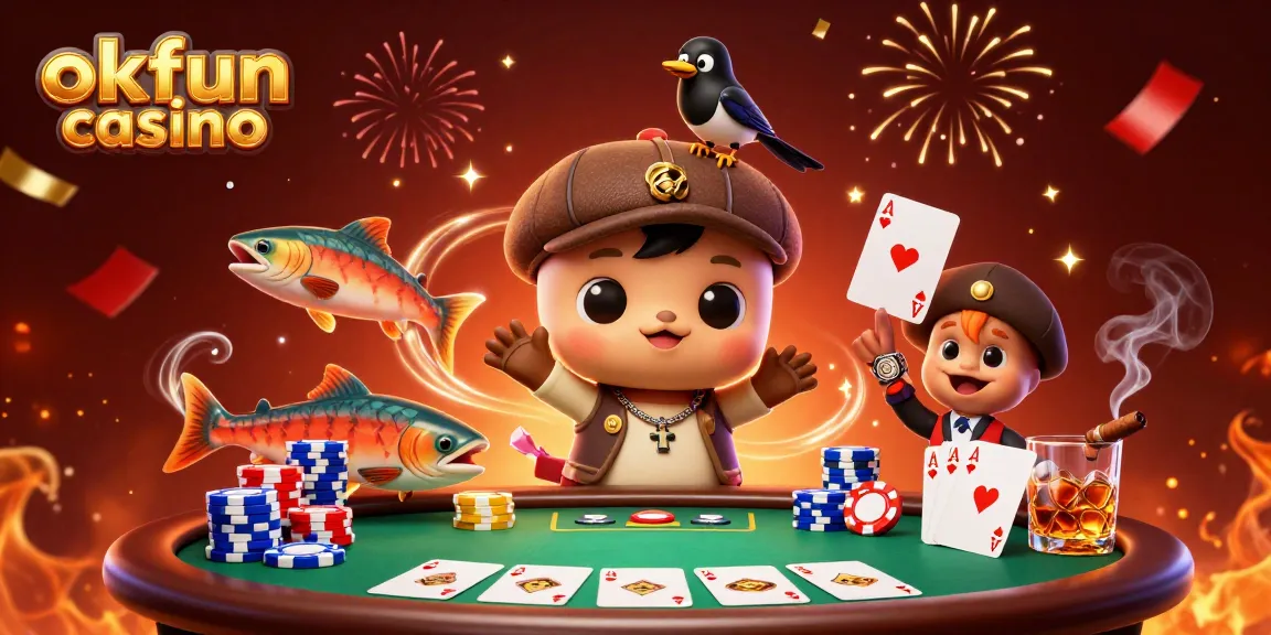 Join the fun at okfun casino with cartoon Nessie, casino elements, and vibrant confetti action.