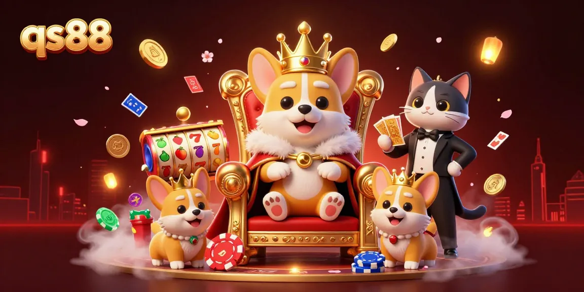 Experience the excitement of qs88 with a royal corgi at the poker throne, surrounded by vibrant casino elements.