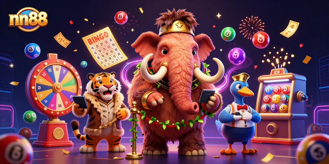 nn88 showcases a vibrant casino scene with a woolly mammoth checking IDs under dazzling lights.