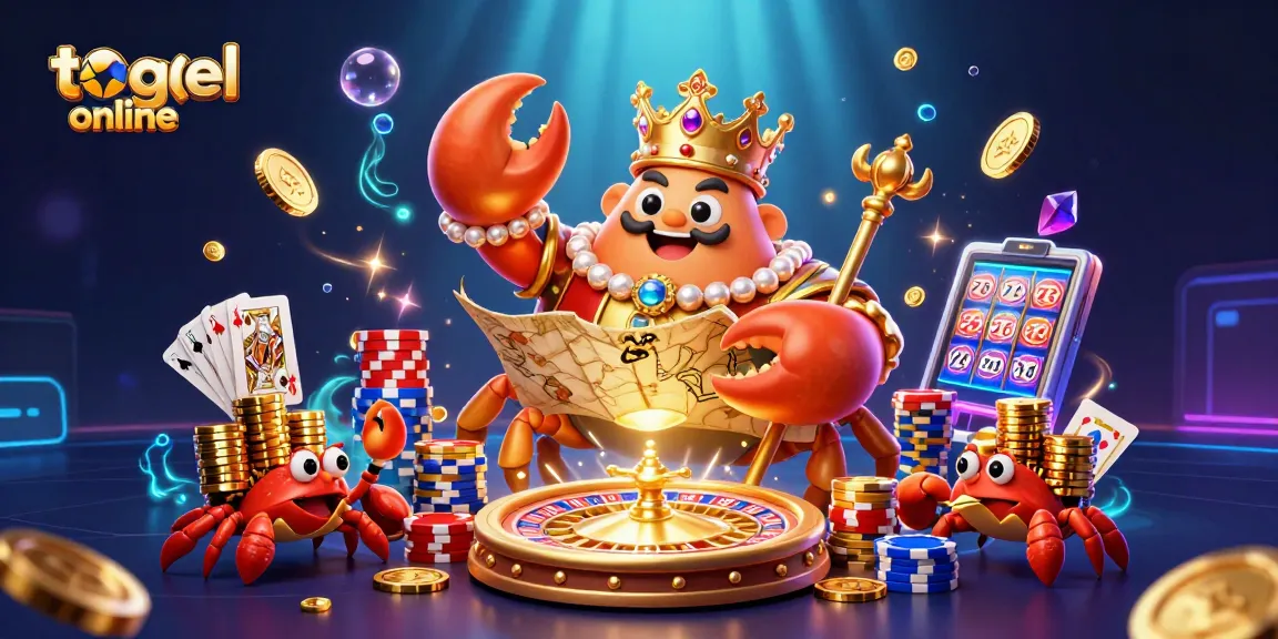 Menyaksikan keseruan togel online dengan king crab emas di tengah harta karun, dikelilingi koin berkilau saat bermain.