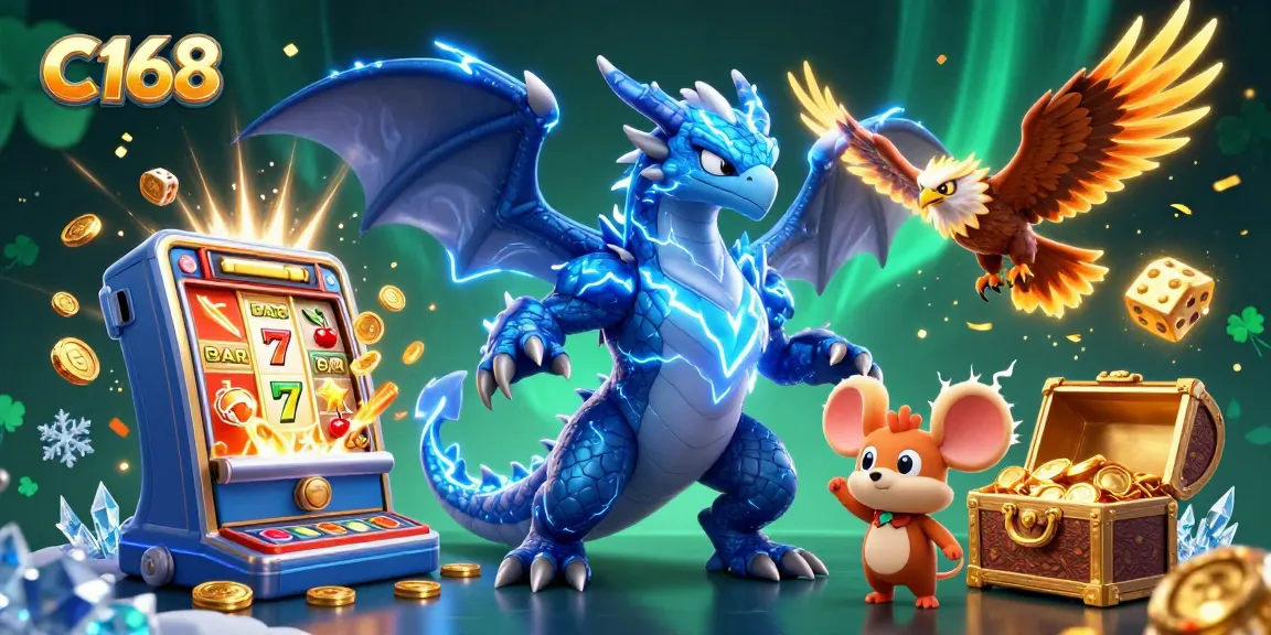 Win jackpot rewards at C168 with vibrant illustrations of thrilling casino elements and characters.