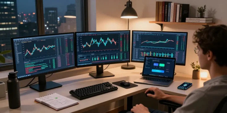 Crypto tracing analysis in a professional trading setup with monitors showing cryptocurrency charts and secure digital wallet.