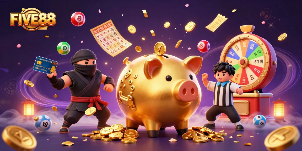 Engage in thrilling battles at FIVE88 with a vibrant 3D casino scene featuring exciting game elements.