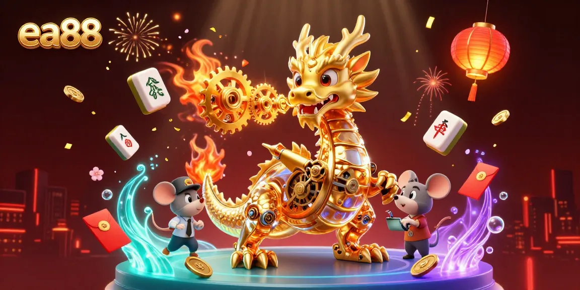 Experience thrilling wins with EA88 in a dynamic 3D casino scene featuring a golden dragon and gaming elements.