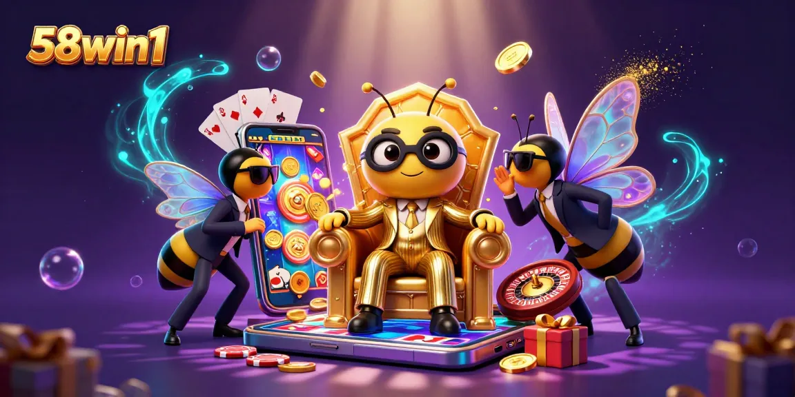 Engage with 58win1's vibrant gaming scene featuring a bumblebee mob boss and exciting casino elements.
