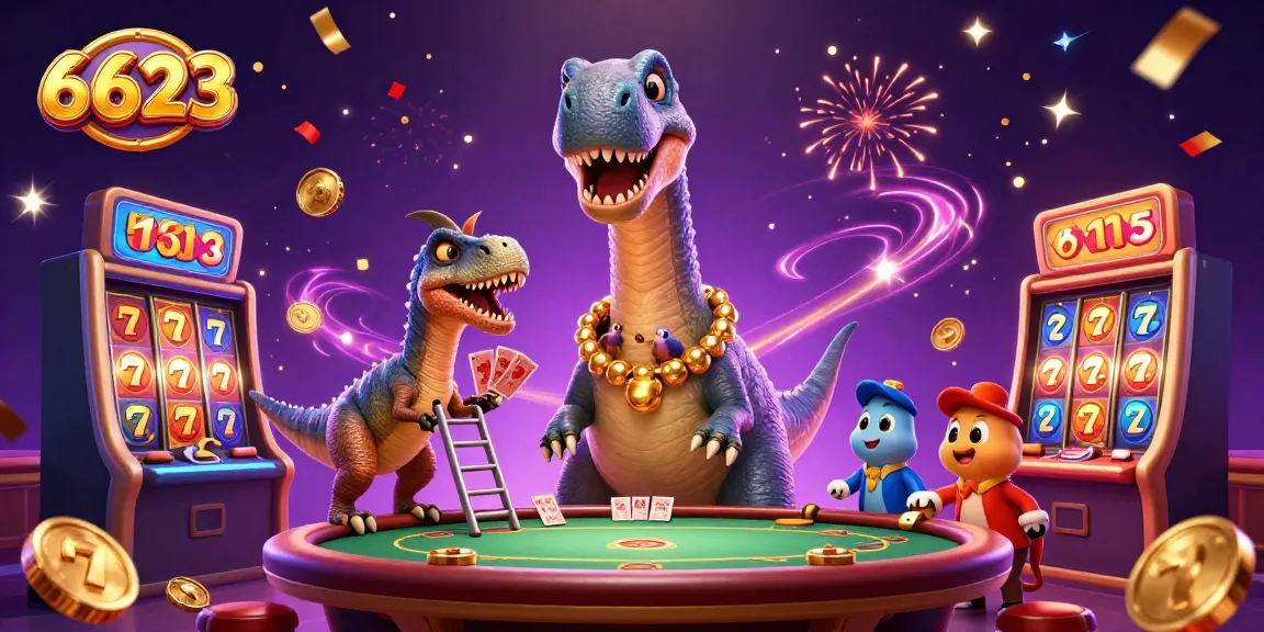 Experience thrilling slot action with a towering 6623 brontosaurus celebrating wins and dynamic game elements.