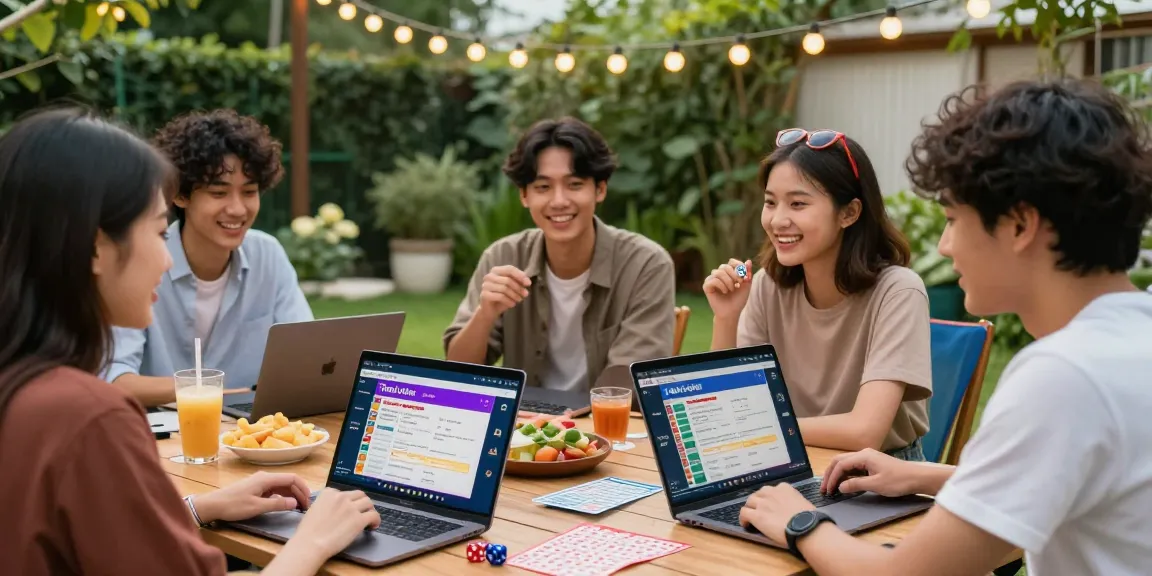 Kelompok teman bermain togel online di taman dengan laptop dan aksesori permainan.