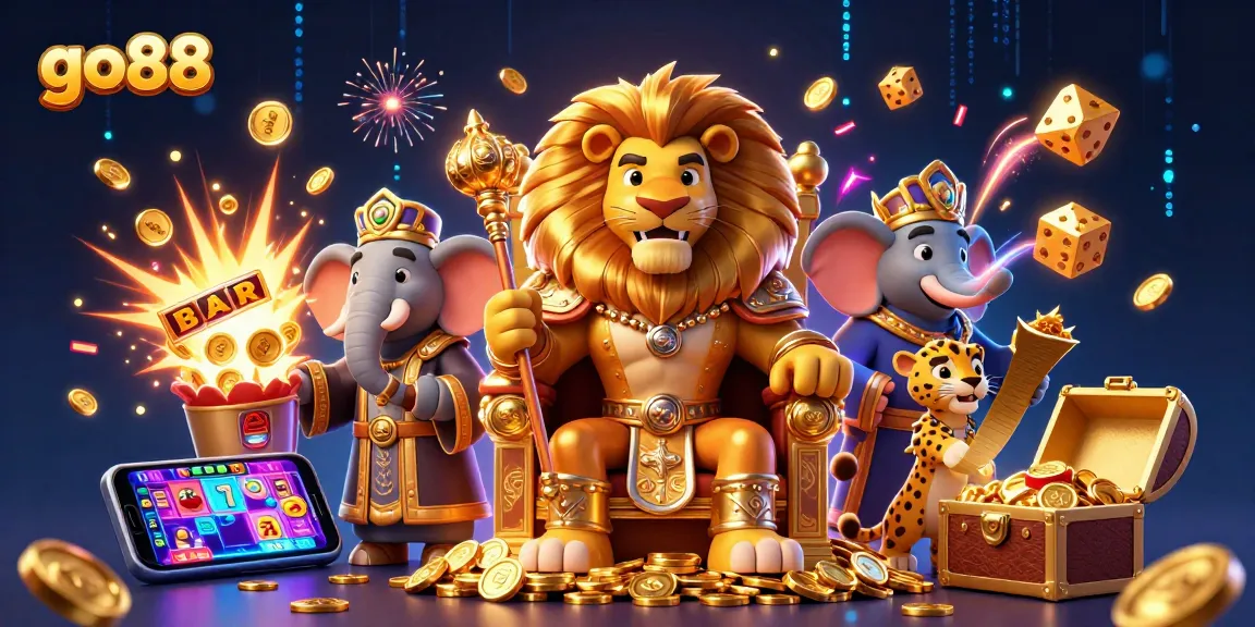 Win big with go88 in a vibrant, dynamic 3D casino illustration filled with excitement.