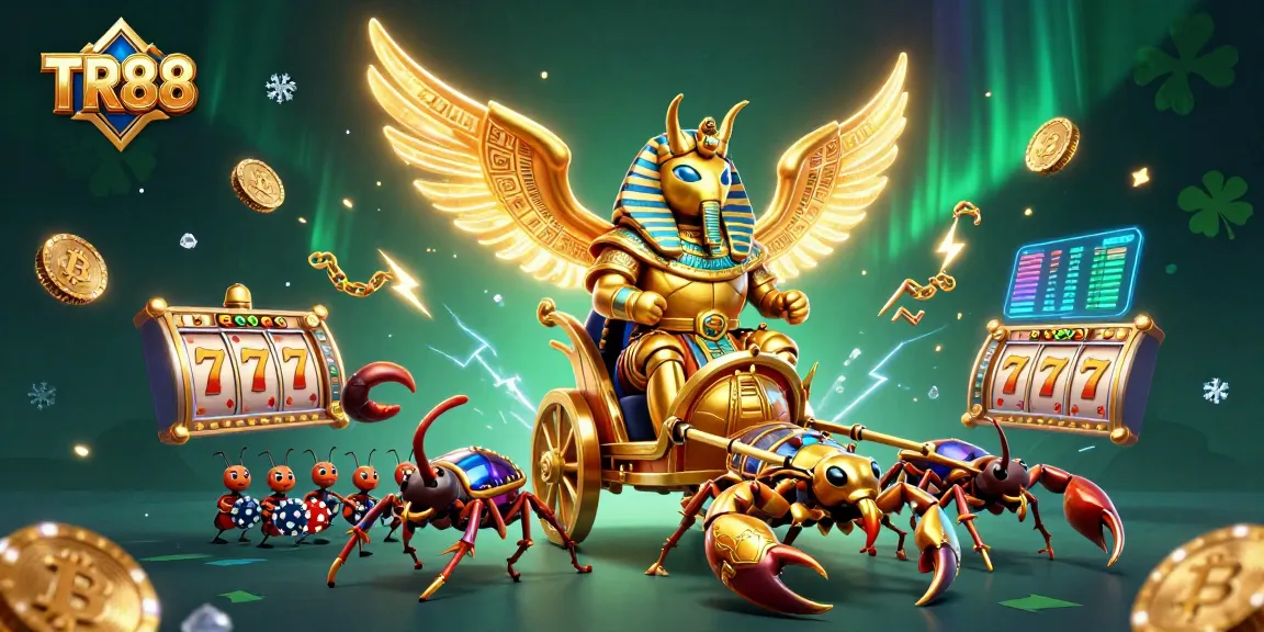 Engage in thrilling gaming adventures at TR88 with a dynamic scene showcasing slots and crypto elements.
